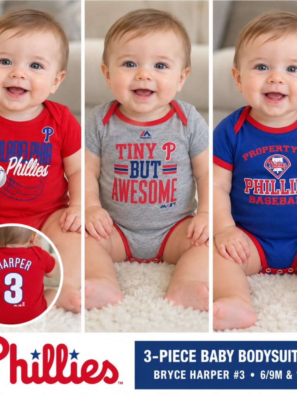 ⚾ Philadelphia Phillies Baby Bodysuit 3-Piece Lot – Bryce Harper #3 – $29